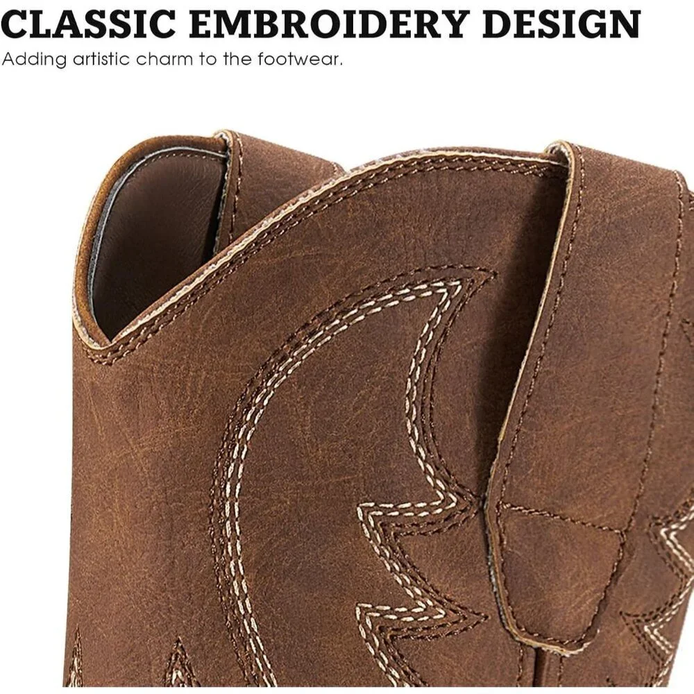 Men's Brown 2 Square Toe Chunky Heel Mid-calf Classic Embroidered Pull On Boots